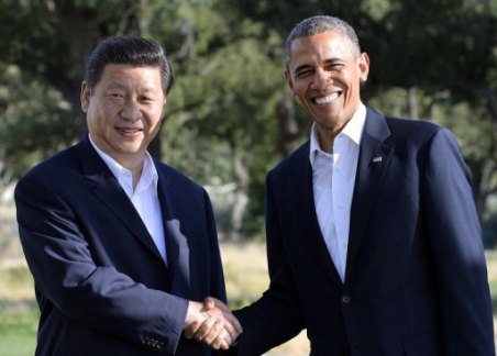 Presidents Barack Obama and Xi Jinping meeting in Rancho Mirage, California, on June 7, 2013