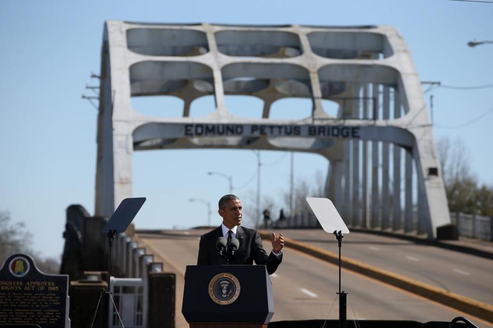 President Barack Obama on the Edmund Pettus Bridge in Selma Alabama for bloody sunday 50th anniversary