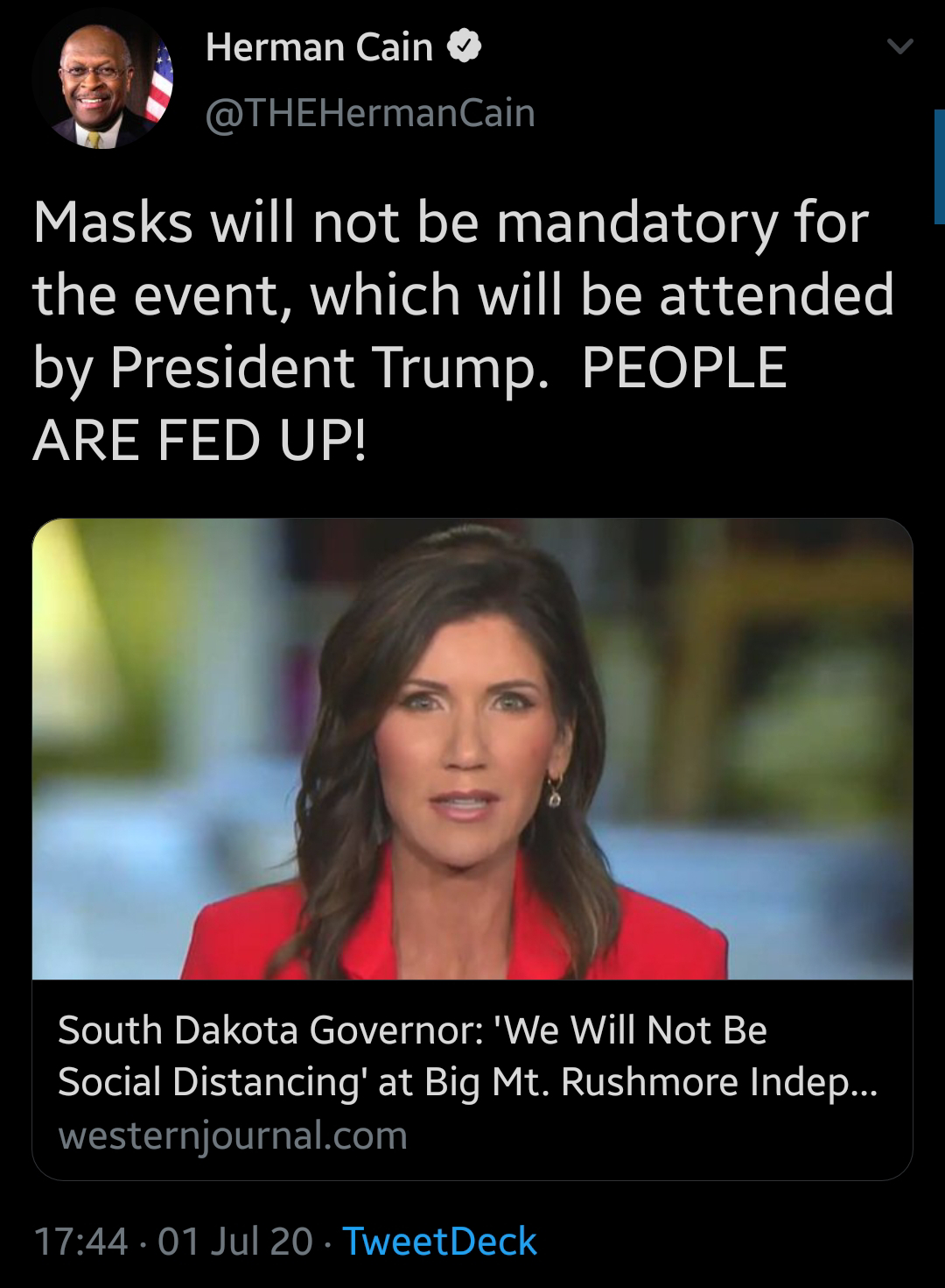 South Dakota Governor said there will be optional mask requirements and no social distancing at the fireworks display at Mount Rushmore.