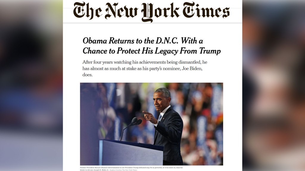 New York Times article by peter baker titled "Obama Returns to the D.N.C. With a Chance to Protect His Legacy From Trump