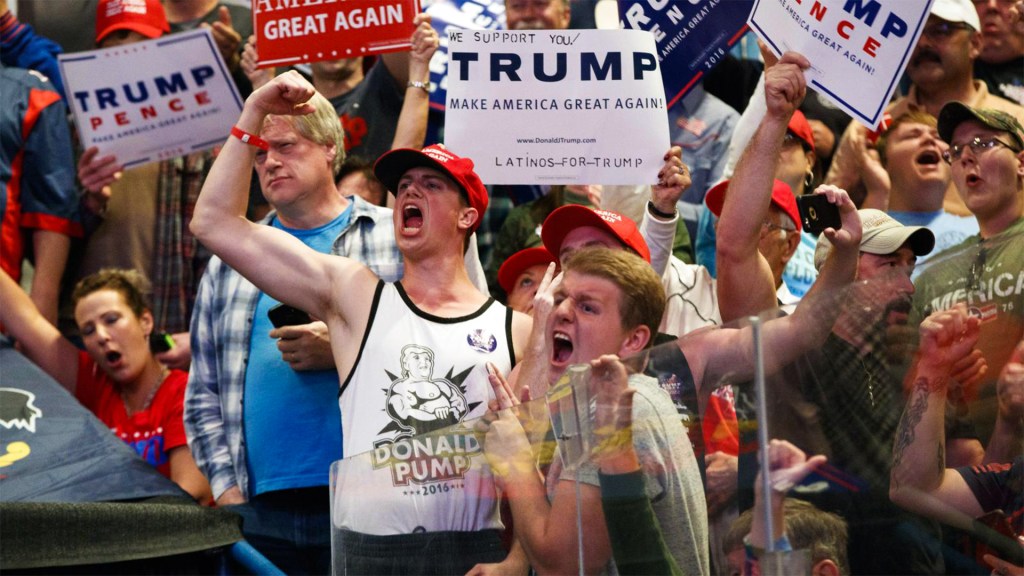 trump supporters at rally. some are holding "make america great again" signs.