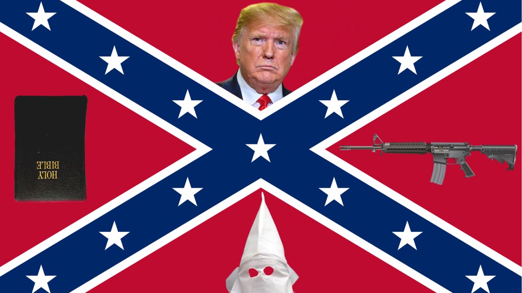 confederate battle flag with president donald trump, ar-15 assault rifle, upside-down bible and ku klux clan hood. image is for mental unrest blog
