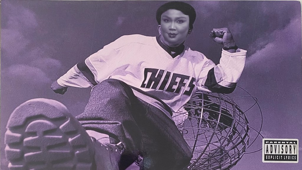 LIzzo's face layered on rapper Craig Mack's Funk Da World album cover. Mack's body is seen stomping down on your upward viewpoint