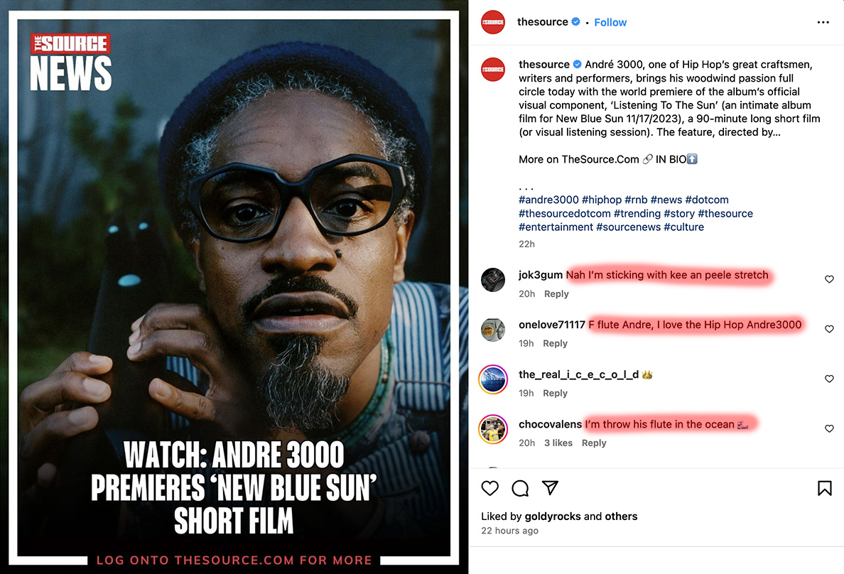 Instagram audience reactions to news of the André 3000 short film in support of the New Blue Sun album