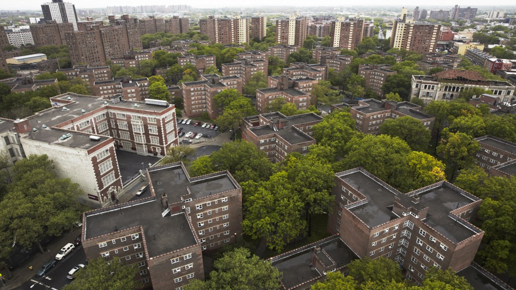Aerial photo of apartment houses in Brownsville section of Brooklyn, New York.
