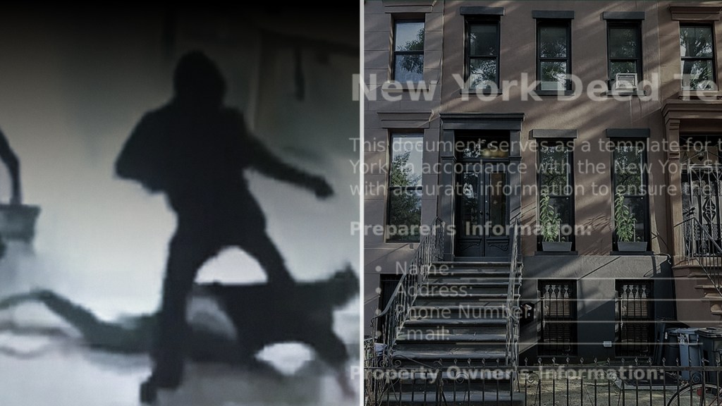 Composite graphic with alleged robbers at an Apple Store on the left with a person on the floor and an alleged robber standing over them — both images are darkened where you can see just the outlines of the individuals; the right side of the graphic features a brownstone in the Bed Stuy section of Brooklyn, New York. There is semi-transparent  text of a Brooklyn (or Kings County) property deed over the brownstone photo that slightly reaches into the left side of the photo and over the Apple store robbery. The collection of images supports a visual metaphor and the point of the blog post: government officials seem to overlook the growing presence of deed theft in Black and Brown neighborhoods.